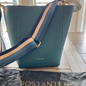 Bostanten teal leather bucket bag with fabric and leather straps NWOT